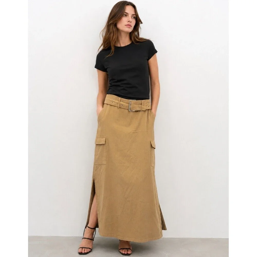 Tracy Evans Vintage Y2K Cargo Maxi column Skirt Belted Side Slits Tan Size 11